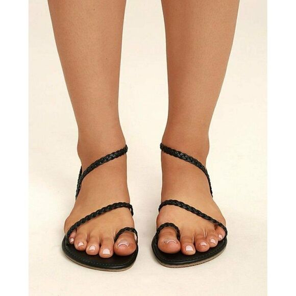 Lulu's Sandals Mirela Black Braided  Flat Vegan Sandals - Picture 3 of 6